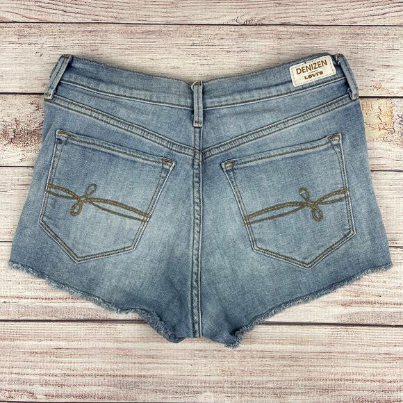 Levi's Denizen Light Wash Distressed High-Rise Cheeky Shorts - Picture 2 of 3